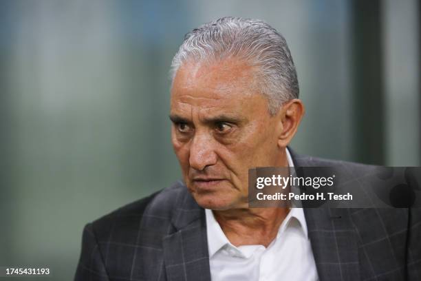 Tite head coach of Flamengo looks on during the match between Gremio and Flamengo as part of Brasileirao 2023 at Arena do Gremio Stadium on October...