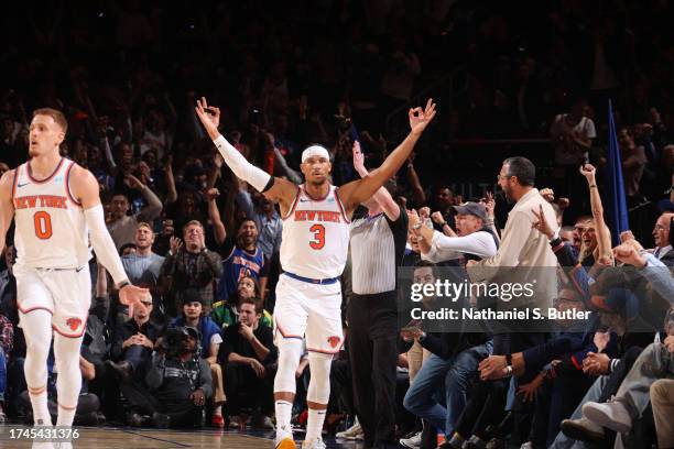 Josh Hart of the New York Knicks celebrates during the game against the Boston Celtics on October 25, 2023 at Madison Square Garden in New York City,...