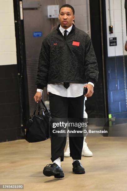 Grant Williams of the Dallas Mavericks arrives to the arena before the game against the San Antonio Spurs on October 25, 2023 at the Frost Bank...