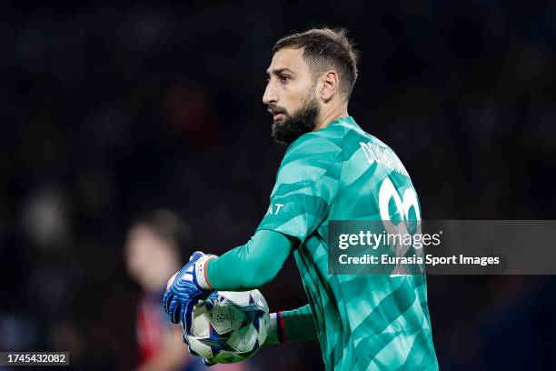 Goalkeeper Gianluigi Donnarumma of Paris Saint Germain serves the ball during the UEFA Champions League Group Stage match between Paris Saint-Germain...