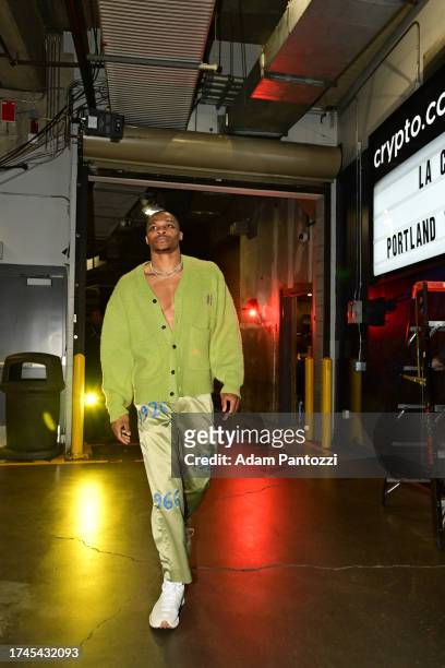 Russell Westbrook of the LA Clippers arrives to the arena before the game against the Portland Trail Blazers on October 25, 2023 at Crypto.Com Arena...