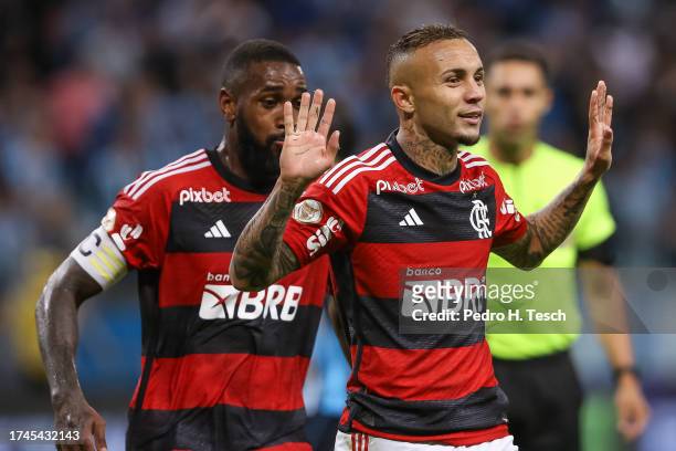 Everton Cebolinha of Flamengo celebrates after scoring the first goal of his team during the match between Gremio and Flamengo as part of Brasileirao...