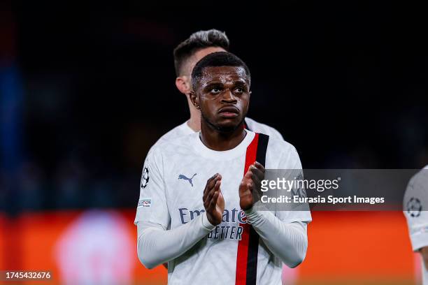 Pierre Kalulu of AC Milan thanks supporters for standing during the UEFA Champions League Group Stage match between Paris Saint-Germain and AC Milan...