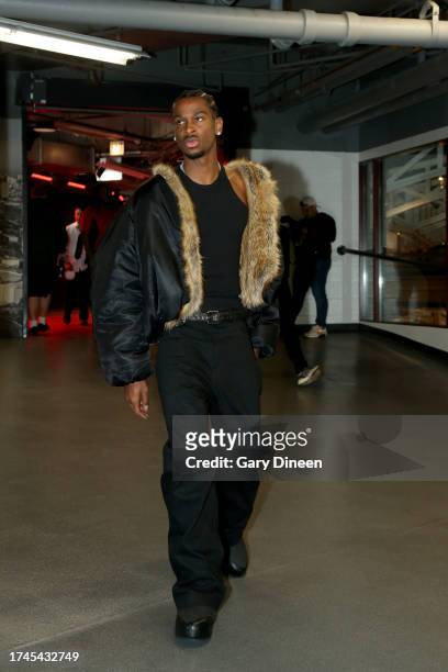 Shai Gilgeous-Alexander of the Oklahoma City Thunder arrives at the arena before a game against the Chicago Bulls October 25, 2023 at United Center...