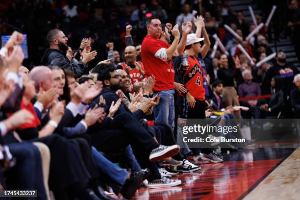 Fans cheer during the second half of the NBA game between the Toronto Raptors and the Minnesota Timberwolves at Scotiabank Arena on October 25, 2023...