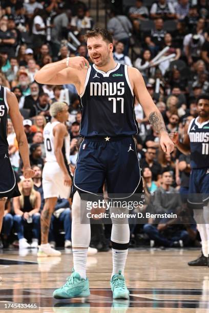 Luka Doncic of the Dallas Mavericks celebrates during the game against the San Antonio Spurs on October 25, 2023 at the Frost Bank Center in San...