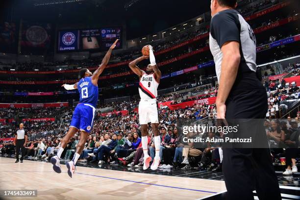 Jerami Grant of the Portland Trail Blazers shoots a three point basket against the LA Clippers on October 25, 2023 at Crypto.Com Arena in Los...