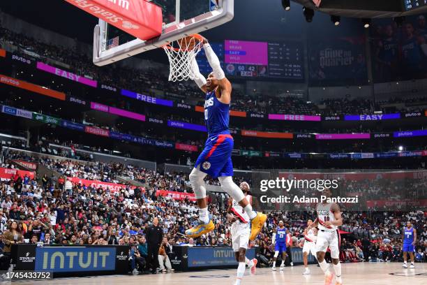 Russell Westbrook of the LA Clippers dunks the ball during the game against the Portland Trail Blazers on October 25, 2023 at Crypto.Com Arena in Los...