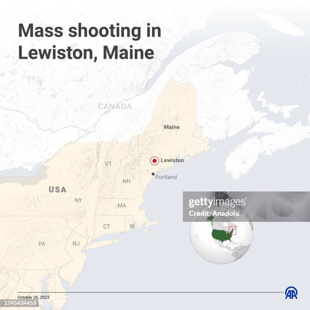 An infographic titled 'Mass shooting in Lewiston, Maine' created in Ankara, Turkiye on October 26, 2023. At least 22 people were killed in shootings...