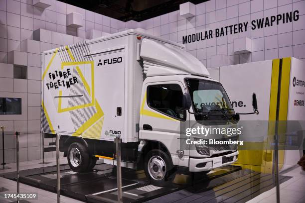 Mitsubishi Fuso Truck and Bus Corp. ECanter electric truck with battery-swapping technology displayed during the Japan Mobility Show in Tokyo, Japan,...