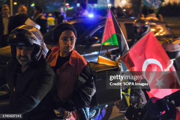 Protesters seen riding bikes during the demonstration. The Mavi Marmara Group assembled in Edirnekap, Istanbul to express their support for the...