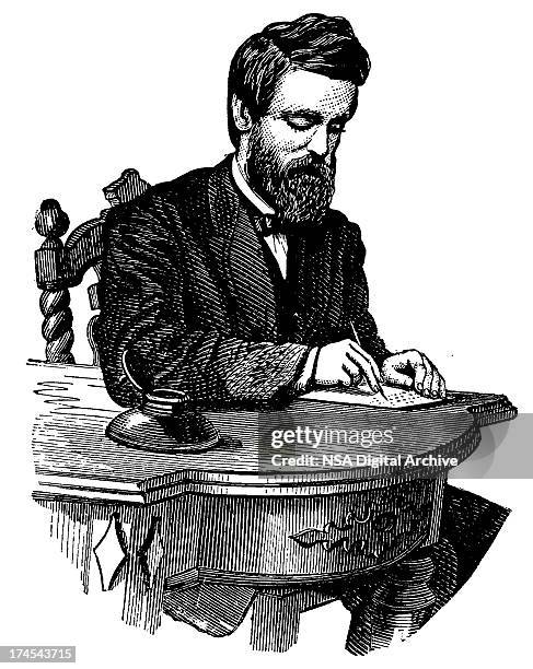 vintage clip art and illustrations | man writing on desk - poetry stock illustrations