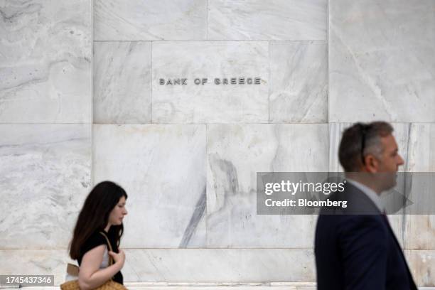 Sign on the facade of the Bank of Greece ahead of Thursday's European Central Bank governing council meeting, in Athens, Greece, on Wednesday, Oct....