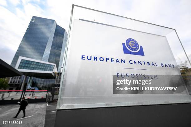 The headquarters of the European Central Bank are pictured in Frankfurt am Main, western Germany, on October 26, 2023 ahead the meeting of the...