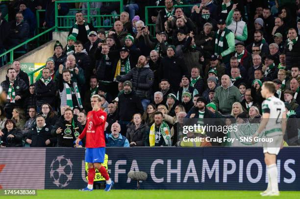 Celtic fans direct abuse at Atletico Madrid's Antoine Griezmann during a UEFA Champions League match between Celtic and Atletico de Madrid at Celtic...