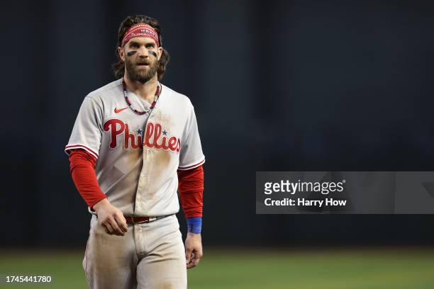 Bryce Harper of the Philadelphia Phillies reacts after being left stranded on second base against the Arizona Diamondbacks during the ninth inning in...