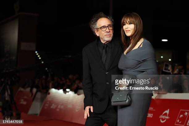 Director Tim Burton and Monica Bellucci attend a red carpet for the movie "Diabolik Chi Sei?" during the 18th Rome Film Festival at Auditorium Parco...