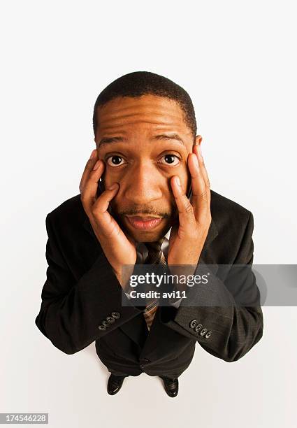 stressed standing businessman - fish eye lens people stock pictures, royalty-free photos & images