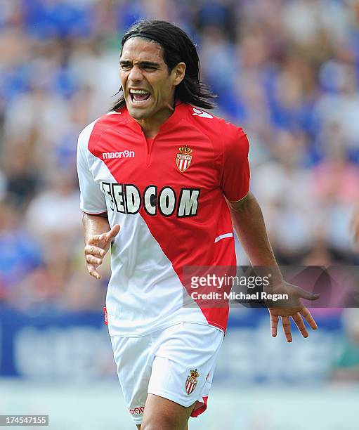 Radamel Falcao of Monaco gestures during the the pre season friendly match between Leicester City and Monaco at The King Power Stadium on July 27,...