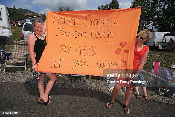 Fans display a sign in support of Peter Sagan of Slovakia riding for Cannondale during stage seventeen of the 2013 Tour de France, a 32KM Individual...