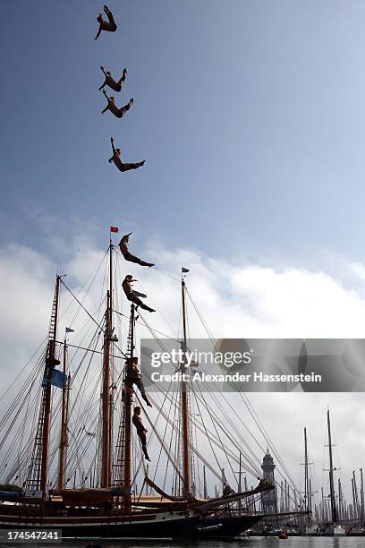 Anatoly Shabotenko of Russia competes during a High Diving training session on day eight of the 15th FINA World Championships at Port Vell on July...