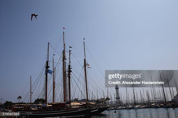 Anna Bader of Germany comeptes during a High Diving training session on day eight of the 15th FINA World Championships at Port Vell on July 27, 2013...