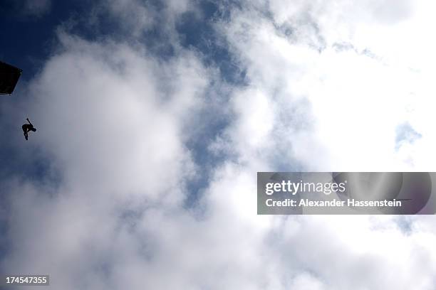 Athlete competes during a High Diving training session on day eight of the 15th FINA World Championships at Port Vell on July 27, 2013 in Barcelona,...