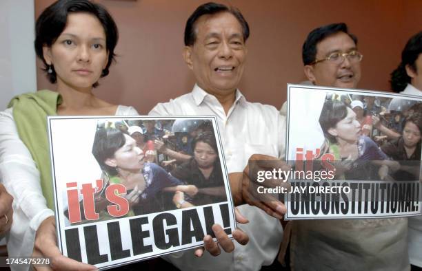 Leftist congresswoman Riza Hontiveros-Baraquel , Senator Aquilino Pimentel and Integrated Bar of the Philippines President Joel Cadiz show pictures...