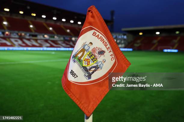 Barnsley logo on a corner flag at Oakwell Stadium during the Sky Bet League One match between Barnsley and Shrewsbury Town at Oakwell Stadium on...
