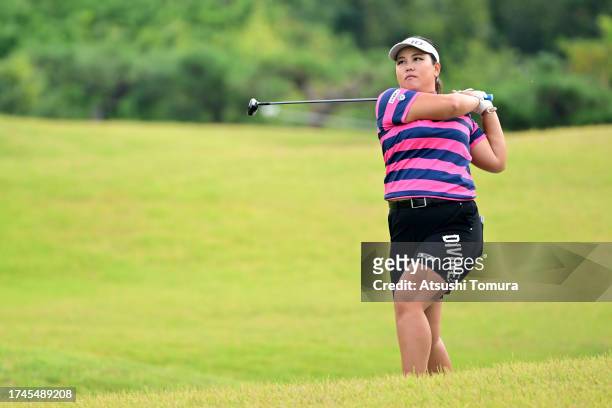 Shoko Sasaki of Japan hits her second shot on the 3rd hole during the second round of NOBUTA Group Masters GC Ladies at Masters Golf Club on October...