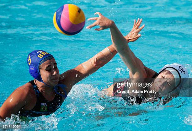 Kiley Neushul of the USA in action against Lucianne Maia of Brazil during the Women's Water Polo quarter final qualification match between USA and...