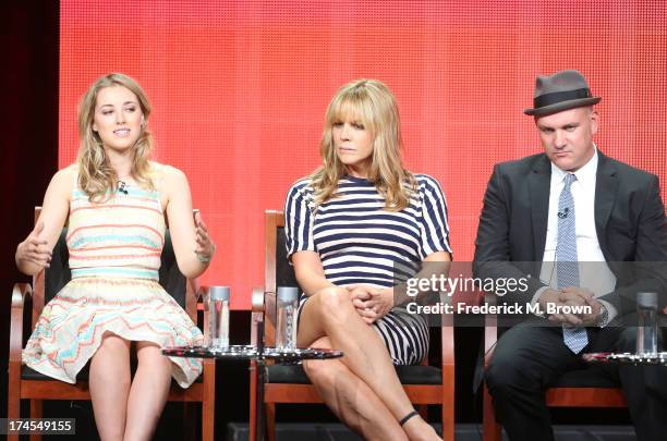 Actors Ella Rae Peck, Mary McCormack, and Mike O'Malley speak onstage during the "Welcome to the Family" panel discussion at the NBC portion of the...