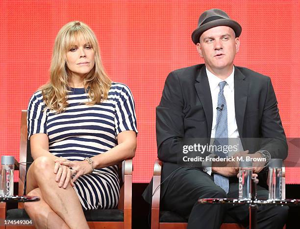 Actors Mary McCormack and Mike O'Malley speak onstage during the "Welcome to the Family" panel discussion at the NBC portion of the 2013 Summer...