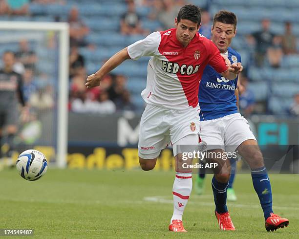 Leicester City's English midfielder Ben Marshall vies with AS Monaco's Colombian midfielder James Rodriguez during the pre-season friendly football...