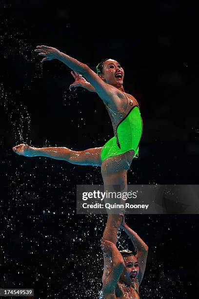 North Korea compete during the Synchronized Swimming Free Combination Final on day eight of the 15th FINA World Championships at Palau Sant Jordi on...