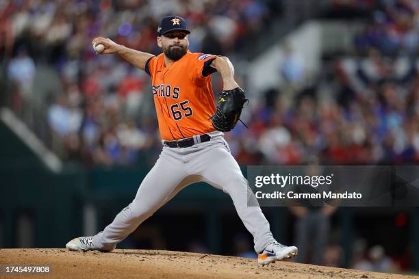 José Urquidy of the Houston Astros pitches in the first inning against the Texas Rangers during Game Four of the Championship Series at Globe Life...