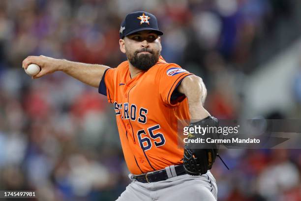 José Urquidy of the Houston Astros pitches in the first inning against the Texas Rangers during Game Four of the Championship Series at Globe Life...