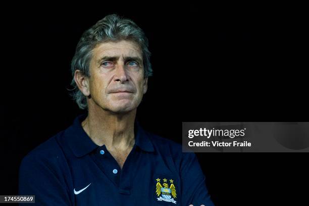 Manager Manuel Pellegrini of Manchester City looks before the Barclays Asia Trophy Final match between Manchester City and Sunderland at Hong Kong...