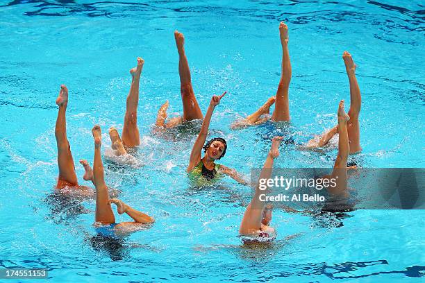 Italy compete during the Synchronized Swimming Free Combination Final on day eight of the 15th FINA World Championships at Palau Sant Jordi on July...