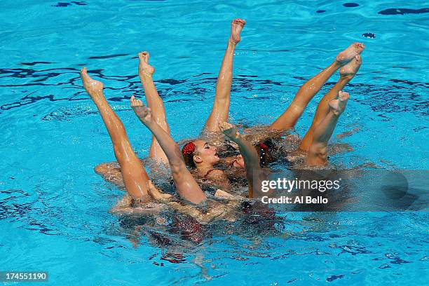 Ukraine compete during the Synchronized Swimming Free Combination Final on day eight of the 15th FINA World Championships at Palau Sant Jordi on July...