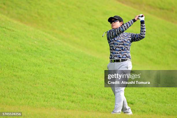 Fumika Kawagishi of Japan hits her second shot on the 3rd hole during the second round of NOBUTA Group Masters GC Ladies at Masters Golf Club on...