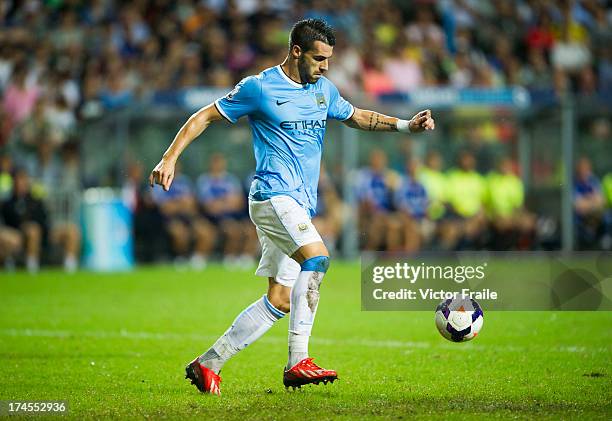 Alvaro Negredo of Manchester City runs with the ball during the Barclays Asia Trophy Final match between Manchester City and Sunderland at Hong Kong...