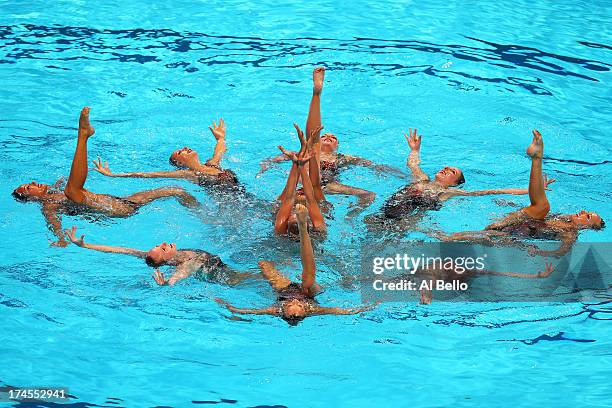 Canada compete during the Synchronized Swimming Free Combination Final on day eight of the 15th FINA World Championships at Palau Sant Jordi on July...
