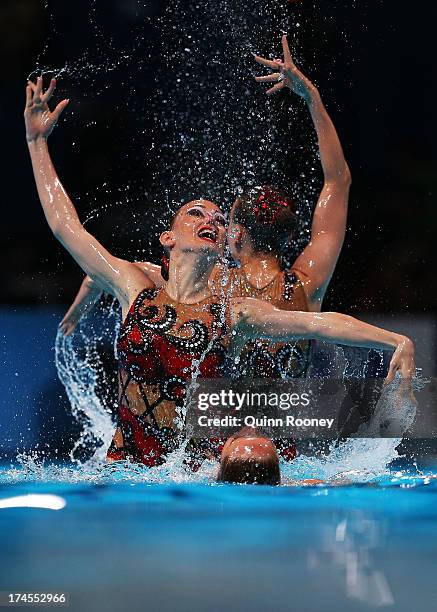Russia compete during the Synchronized Swimming Free Combination Final on day eight of the 15th FINA World Championships at Palau Sant Jordi on July...