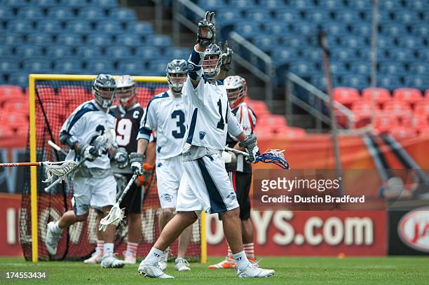 Drew Westervelt of the Chesapeake Bayhawks celebrates his third first period goal against the Denver Outlaws during a Major League Lacrosse game at...