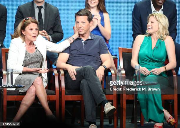 Actress Linda Lavin, Executive Producer/Actor Sean Hayes, and actress Megan Hilty speak onstage during the "Sean Saves the World" panel discussion at...