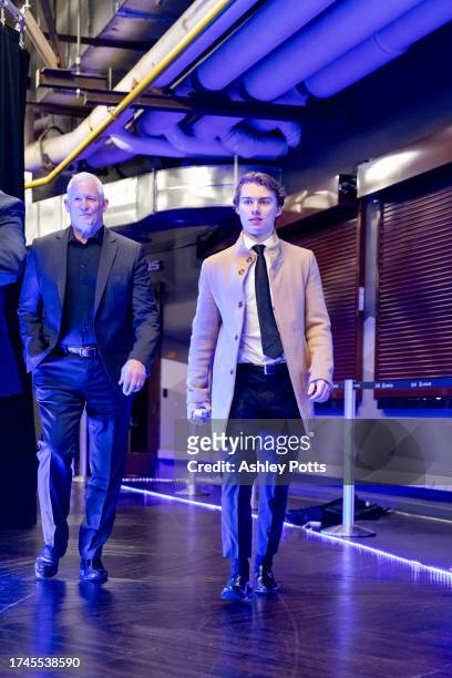 Connor Bedard of the Chicago Blackhawks arrives at Ball Arena ahead of the game against the Colorado Avalanche on October 19, 2023 in Denver,...
