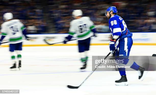 Nikita Kucherov of the Tampa Bay Lightning celebrates a goal second period during a game against the Vancouver Canucks at Amalie Arena on October 19,...