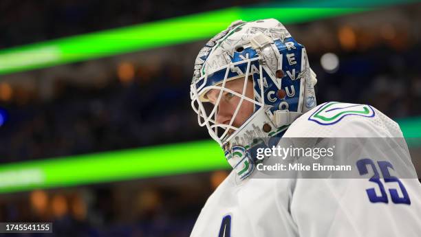 Thatcher Demko of the Vancouver Canucks looks on second period during a game against the Tampa Bay Lightning at Amalie Arena on October 19, 2023 in...