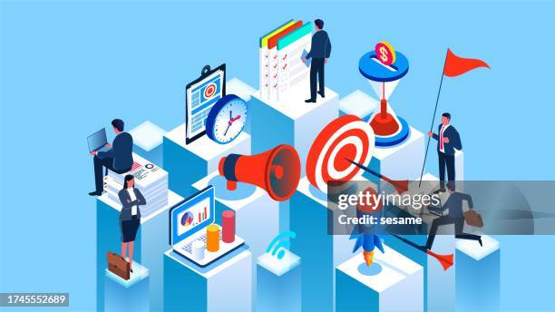 ilustrações de stock, clip art, desenhos animados e ícones de marketing, advertising or social media pitches, marketing strategies or plans, advertising objectives or market research analysis, isometric commercial space on the study of market objectives and marketing for business people - plano de atividades